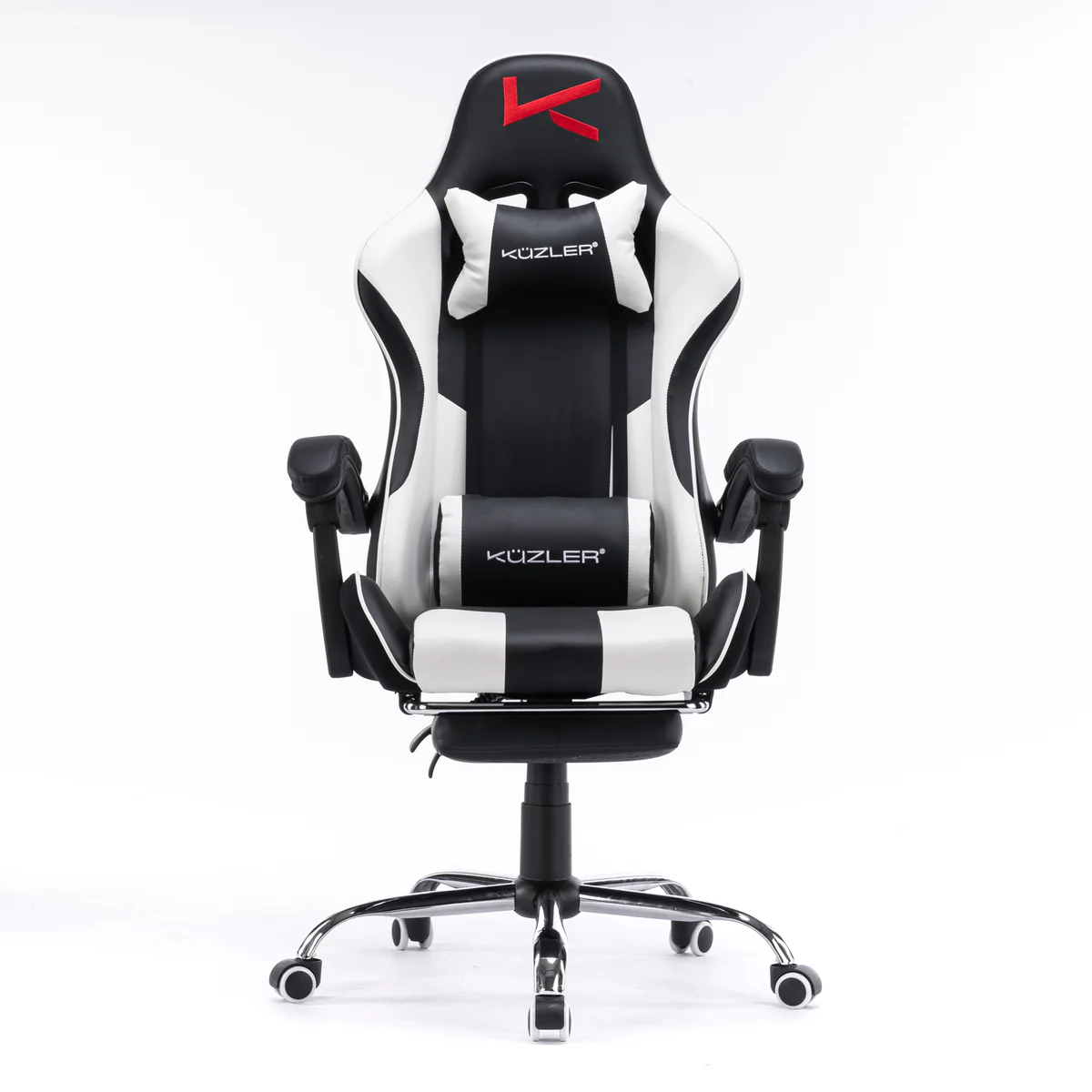 SILLA GAMER BLANCA CON MASAJEADOR LUMBAR, REPOSAPIÉS Y BASE METÁLICA