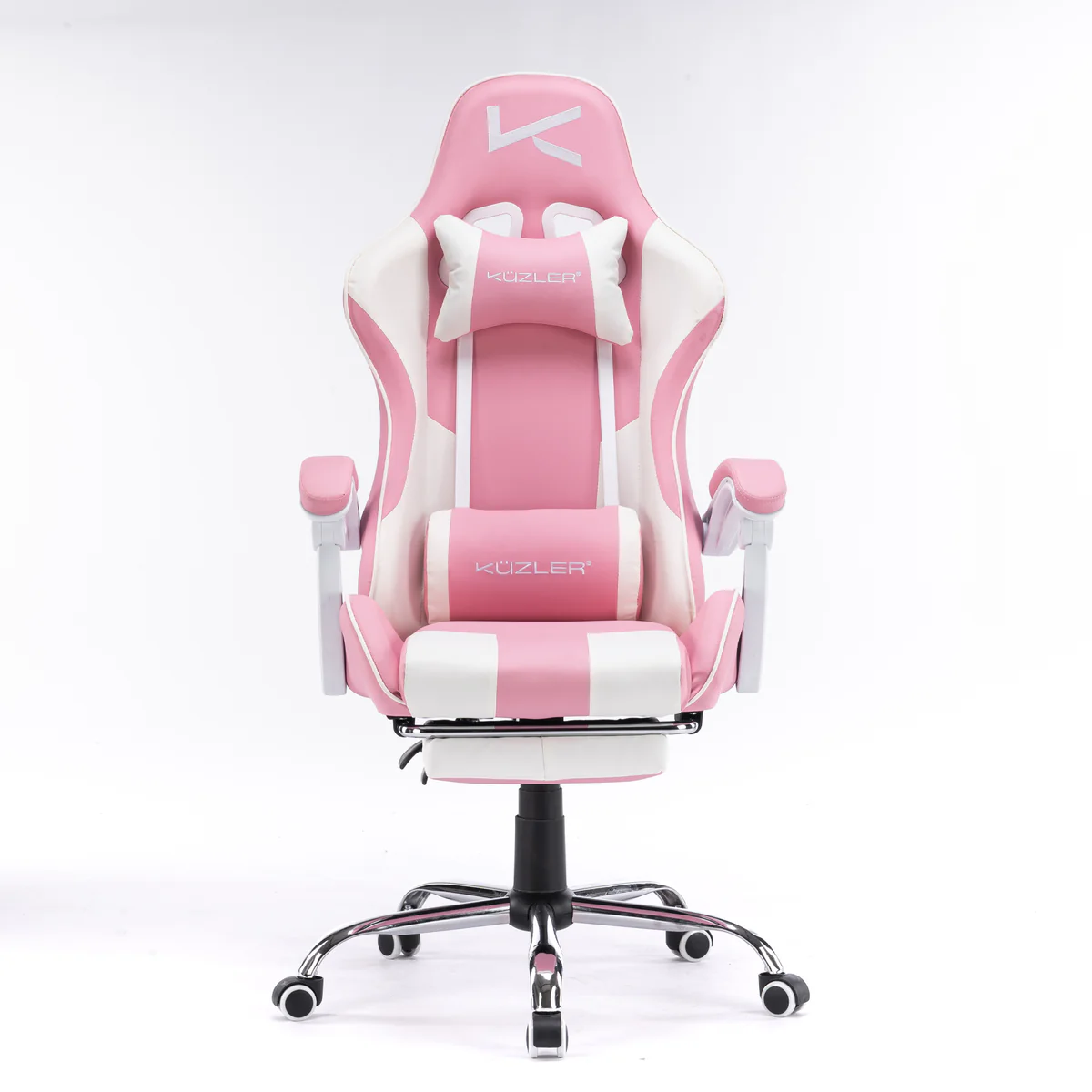 SILLA GAMER ROSADA CON MASAJEADOR LUMBAR, REPOSAPIÉS Y BASE METÁLICA