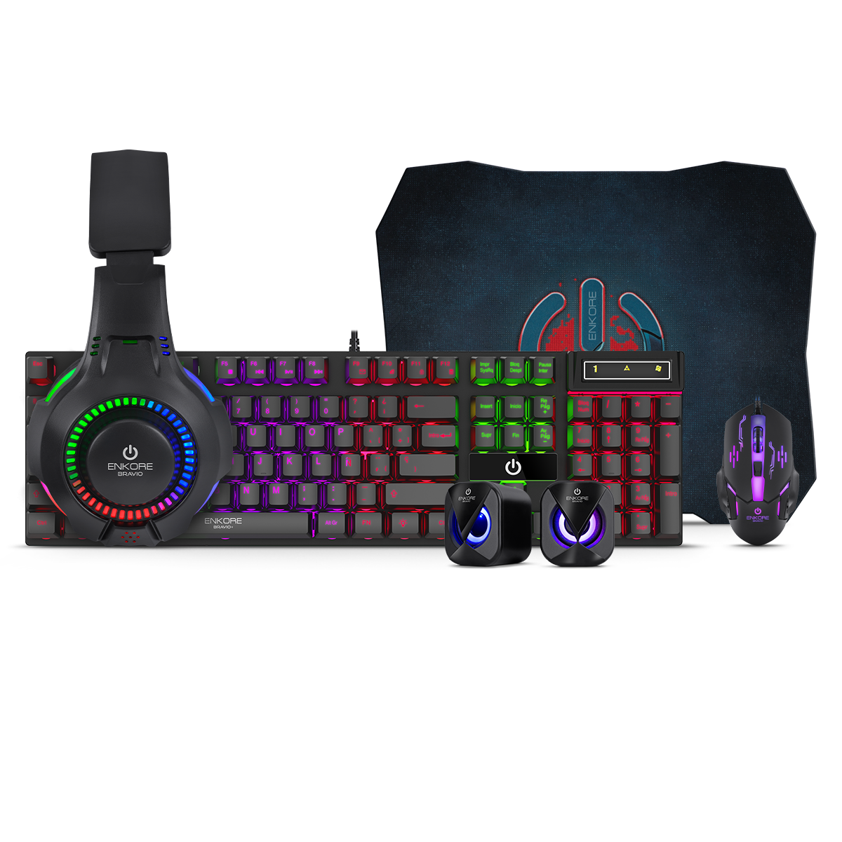 KIT GAMER BRAVIO5 ENT G1000-5 TECLADO + MOUSE + AURICULAR + PARLANTE + PAD 